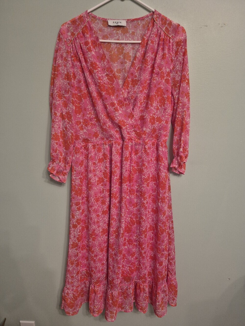 Axara Paris Women's Pink Metalic Floral Ruffle Hem Midi Dress Size Large - Picture 2 of 8